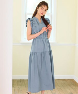  【洗える】ショルダーフリルティアード ワンピース