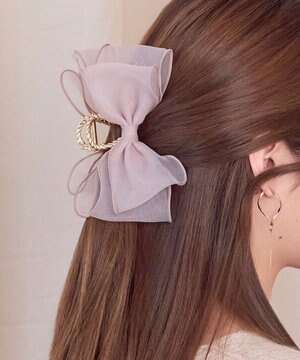  ボリュームオーガンジーリボンバンスクリップ　ピンク