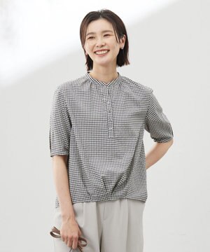 【洗える】アセVisギンガム バンドカラー ブラウス