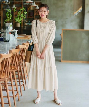  【2WAY・洗える】パフスリーブティアードマキシワンピース