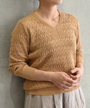  〈コットン100%強撚糸〉〈通気性が高いドライタッチな素材〉透かし編み 袖口リブ Vネック プルオーバー