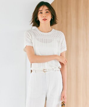  【洗える】リネンコットンドライ 透かし編み ニット