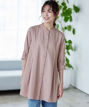  【洗える】-TiaBASIC-バンドカラーシャツチュニックブラウス