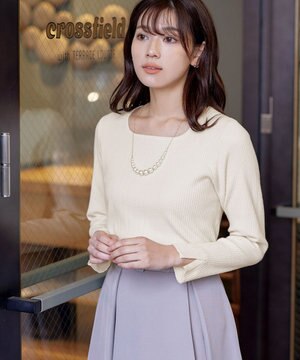  【洗える】スクエアネックリブ編みニットトップス