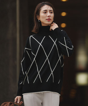 ソフトカシミヤミックス ダイヤ柄ハイネックニット