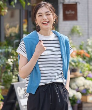  【大好評につき新色登場！】モックネックフレンチスリーブ ボーダーＴシャツ