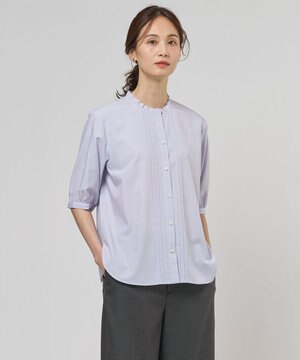  【一枚で着映え】ソフトストライプ フリル襟 ブラウス