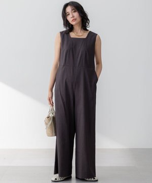  【洗える】リネンレーヨンストレッチ スクエアネック オールインワン