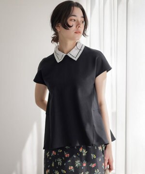 フレンチテリー 刺繍襟 ペプラムカットソー