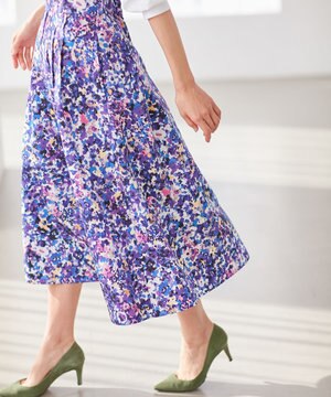  【洗える】モザイクフラワープリント フレアスカート