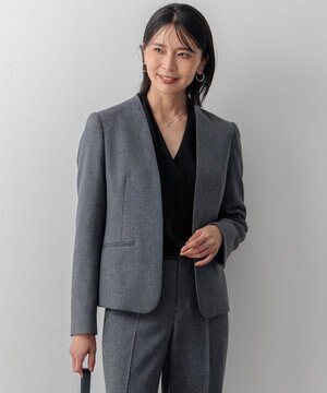  【洗える】ウールライクカルゼ ノーカラージャケット