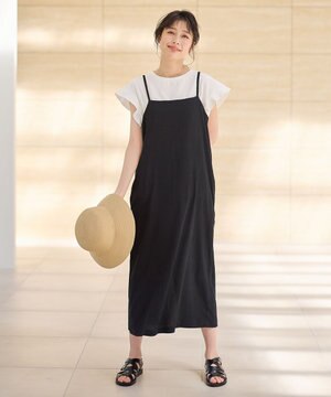  【2SET/洗濯機可】フリルスリーブTシャツ×シャーリングキャミワンピースセット