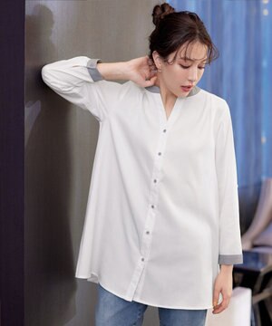  【洗える】クレリックシャツチュニックブラウス