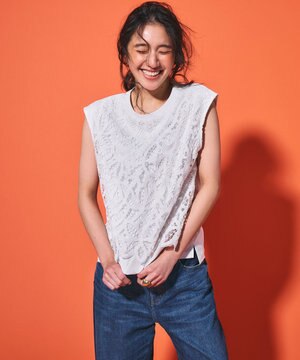  【洗える/汗じみ防止加工】エンブロイダリージャージー フレンチスリーブ カットソー