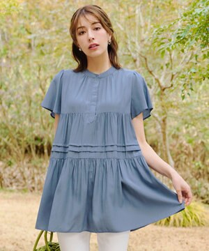  【洗える】バンドカラーティアードシャツチュニックブラウス