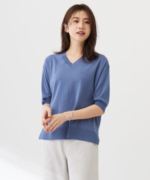  【洗える】COTTON LINEN Vネック ニット