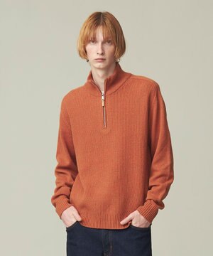  【Cash Lamb's Wool】畔編みハーフジップ ニット