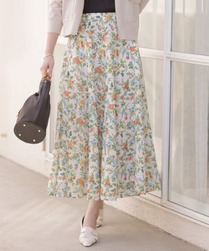  スパンボタニカル プリント ロング フレア スカート