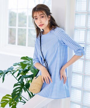  【洗える】リボンスリーブストライプチュニックブラウス
