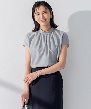  【洗える】コットンポプリン スタンドカラー ブラウス