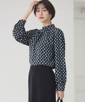  モダンアートプリントギャザーブラウス