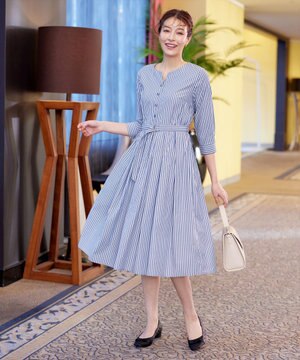  【洗える】ベルト付きストライプワンピース