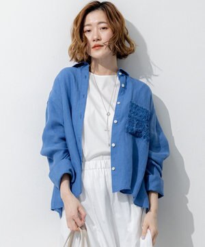 LIBECOリネン ポケット刺繍 クロップドシャツ