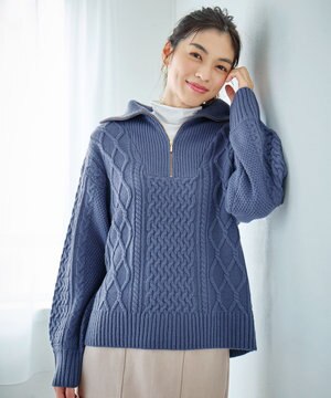  ソフトアクリルハーフジップケーブルニット