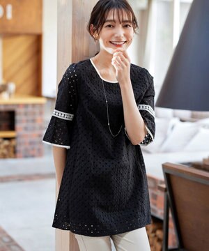  【小倉優子さん着用・洗える】パンチングレース配色チュニック