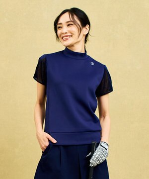  【WOMEN】シアーラメ袖デザイン ライトダンボールモックネック