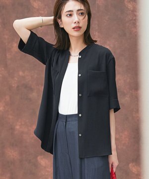  【UVカット・防シワ・洗える】ライトダブルクロス バンドカラーブラウス