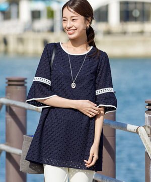  【小倉優子さん着用・洗える】パンチングレース配色チュニック