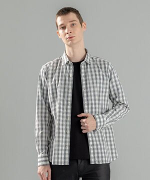  新柄【オリジナル素材】ギンガムシャンブレーストレッチ　レギュラーカラーシャツ