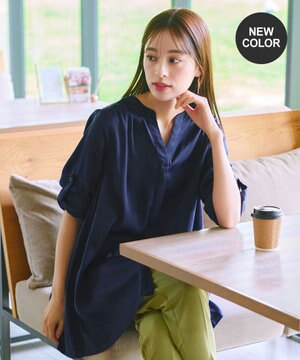  【洗える】ヴィンテージサテンチュニックブラウス