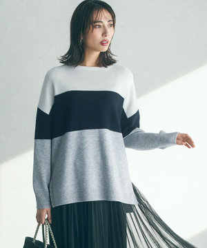 【洗える】ウールカシミヤ カラーブロック ニット
