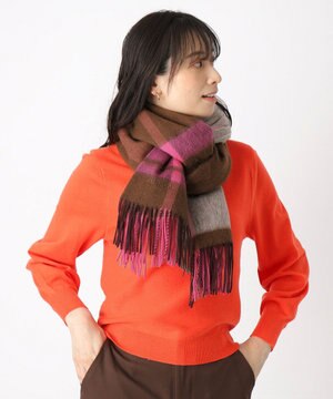  【洗える】FURLA ウール100%超大判ブロックチェックストールマフラー／幅70cm