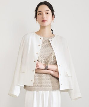  【セットアップ対応】リネンストレッチノーカラー ジャケット