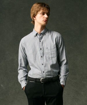  【柔らか・光沢感】コットンビエラストライプ シャツ