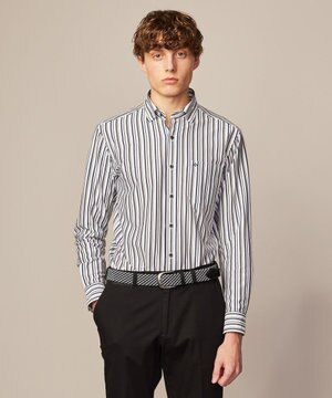  【ストレッチで快適な着心地・イージーケア】ランダムストライプ ジャージー シャツ