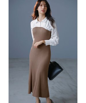  【全方位 好印象】シャツコンビリブニット ワンピース
