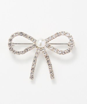  リボンパールビジューブローチ　シルバー