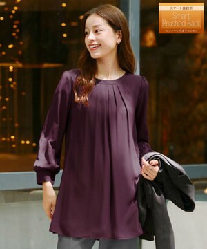  【新色追加・洗える】裏起毛ジョーゼット胸元タックチュニックブラウス