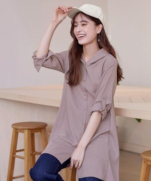 【新色追加・洗える】麻調パーカーチュニックブラウス