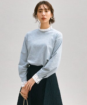  【洗える】ヴィスコースストレッチ レースコンビ ニット