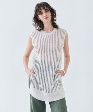 【洗える】ALOE / コットンメッシュオーガンジーノースリーブニット