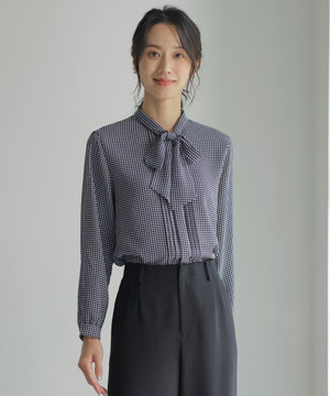【洗える】ギンガムチェック ボウタイ ブラウス