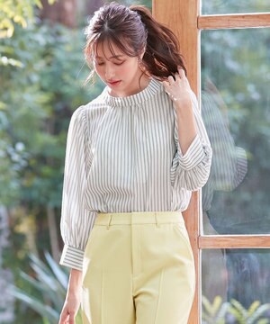  【洗える】フェイクパールストライプ ブラウス