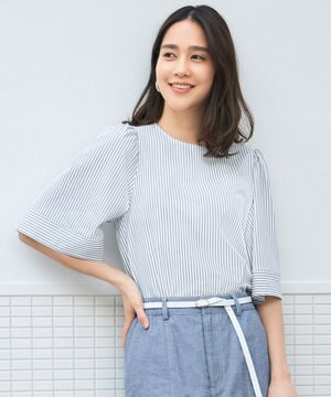 【接触冷感・UVカット・洗える】ストライプコットンハイゲージフレアスリーブ カットソー