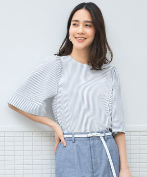 【接触冷感・UVカット・洗える】ストライプコットンハイゲージフレアスリーブ カットソー