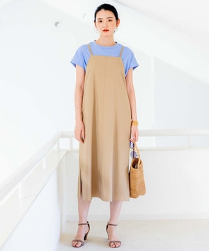 【洗える・シワになりにくい】リネン混オックスストレッチ キャミワンピース